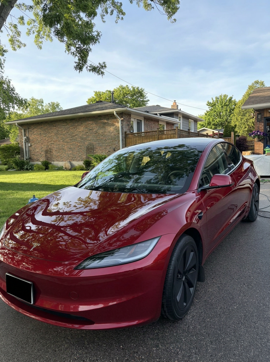 Freshly washed Tesla in driveway